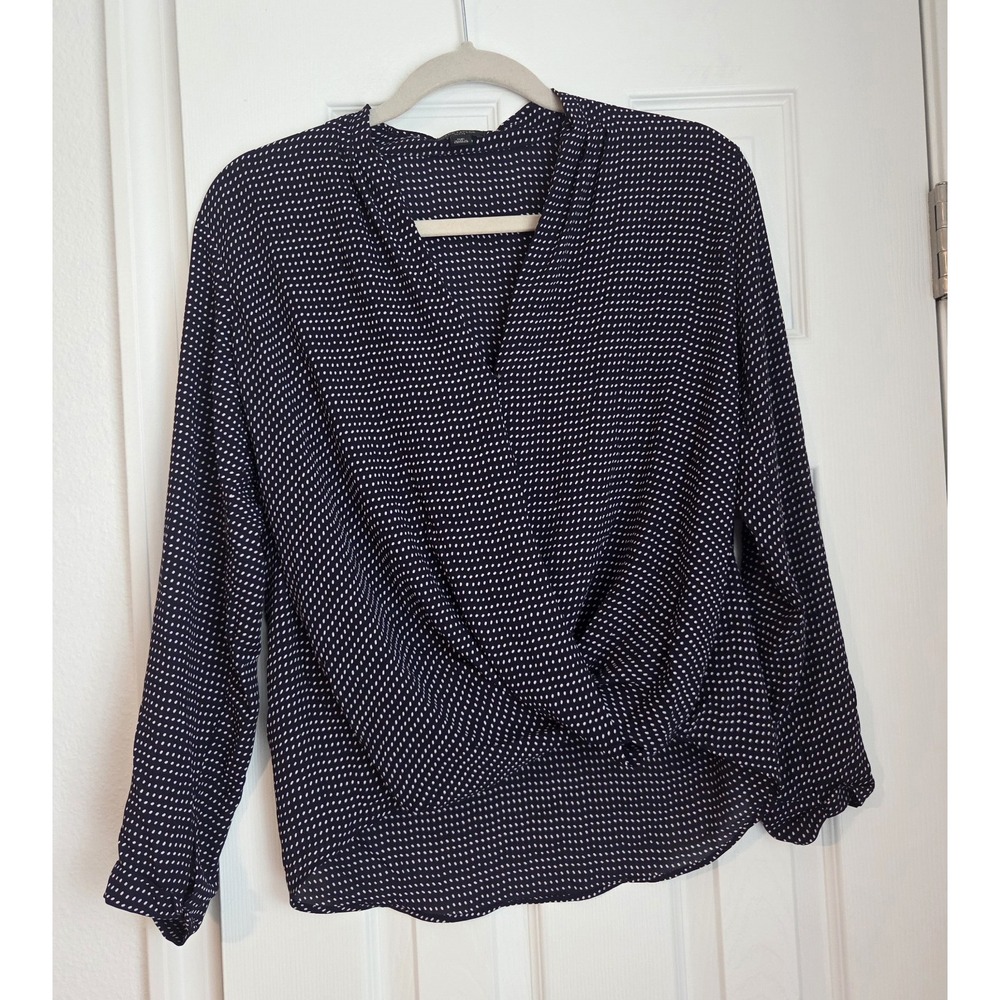 Ann Taylor Wrap Front Blouse Black White Dotted V-Neck Long Sleeve Top Size SP